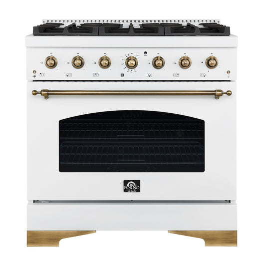 Forno Antico 36-inch Dual Fuel Range White and Antique Brass Design with 6 Sealed Gas Burners and Electric Convection Oven