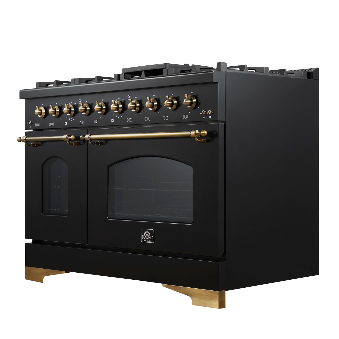 Forno Antico 48-Inch Dual Fuel Range, Black with Antique Brass Finish, 8 Burners, 94,000 BTU, 5.5 cu.ft. Double Ovens & Griddle