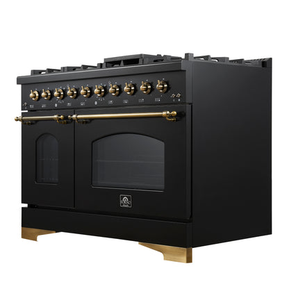 Forno Antico 48-Inch Dual Fuel Range, Black with Antique Brass Finish, 8 Burners, 94,000 BTU, 5.5 cu.ft. Double Ovens & Griddle