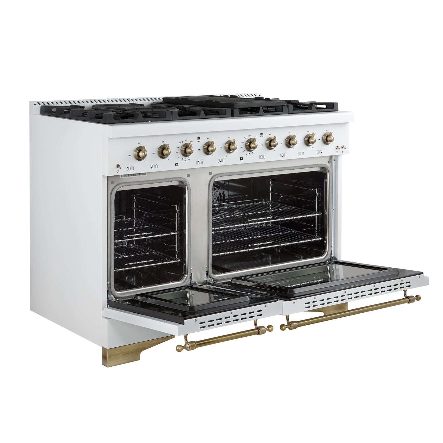 Forno Antico 48-Inch Dual Fuel Range, White with Antique Brass Finish, 8 Burners, 94,000 BTU, 5.5 cu.ft. Double Ovens & Griddle