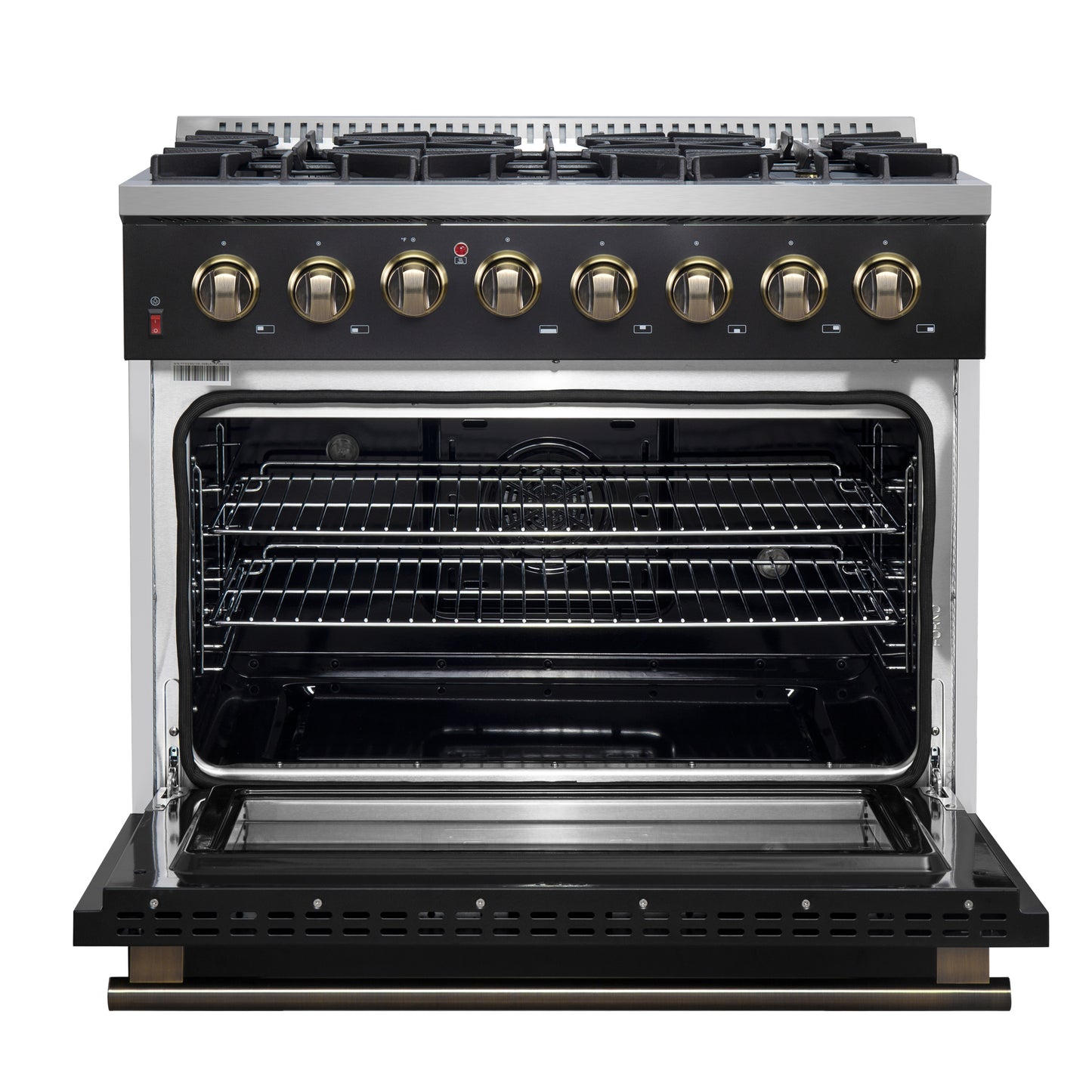Forno Galiano 36-inch Dual Fuel Range in Black & Antique Brass Design, 6 Sealed Burners 83,000 BTU, 5.36 cu.ft. True Convection Oven