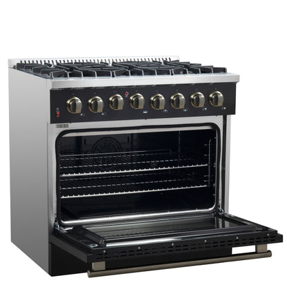 Forno Galiano 36-inch Dual Fuel Range in Black & Antique Brass Design, 6 Sealed Burners 83,000 BTU, 5.36 cu.ft. True Convection Oven