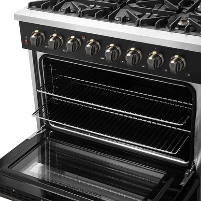 Forno Galiano 36-inch Dual Fuel Range in Black & Antique Brass Design, 6 Sealed Burners 83,000 BTU, 5.36 cu.ft. True Convection Oven
