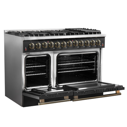 Galiano 48-inch Dual Fuel Range Black & Antique Brass Design with 8 Sealed Burners 107,000 BTU, 6.58 cu. ft. double ovens & Griddle