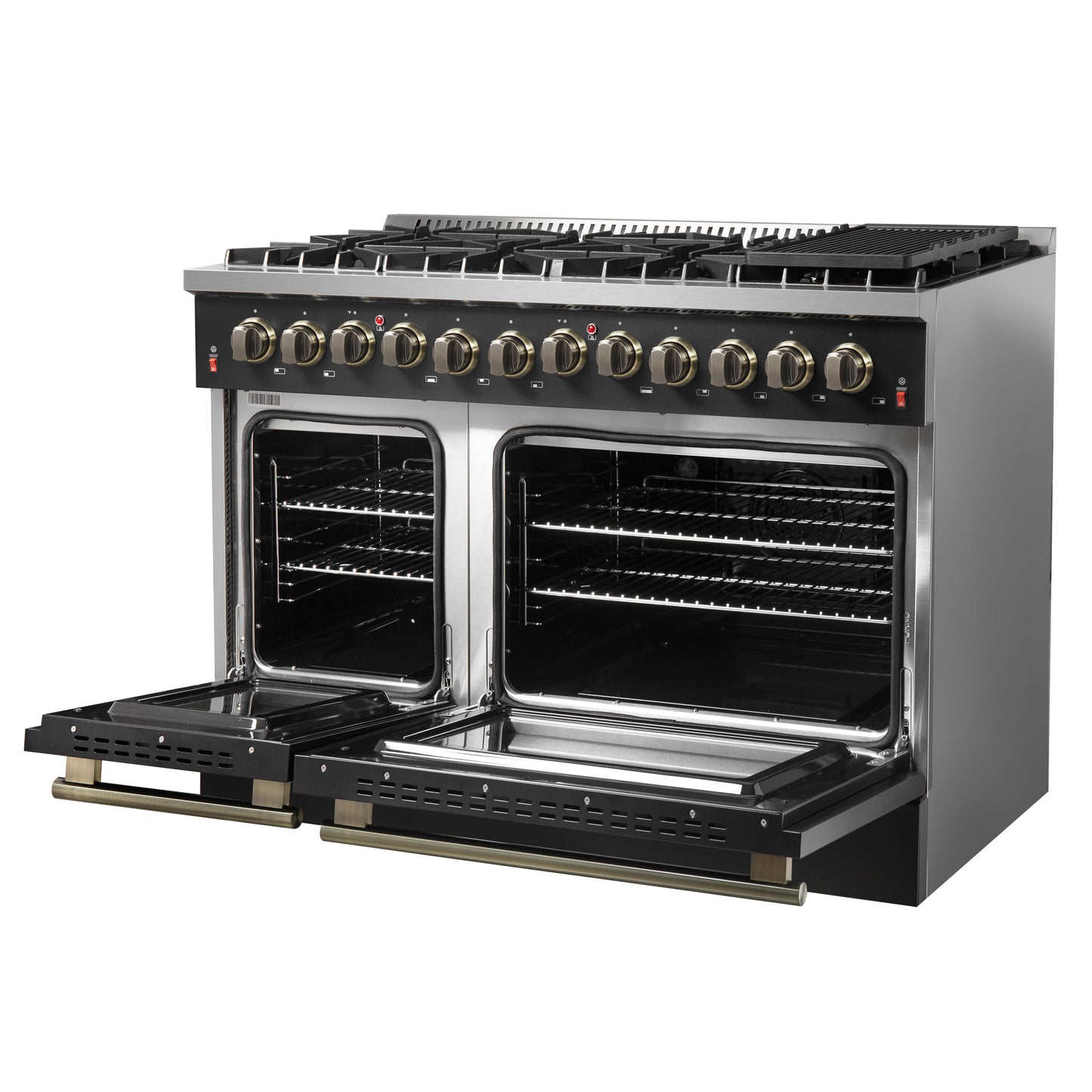 Galiano 48-inch Dual Fuel Range Black & Antique Brass Design with 8 Sealed Burners 107,000 BTU, 6.58 cu. ft. double ovens & Griddle