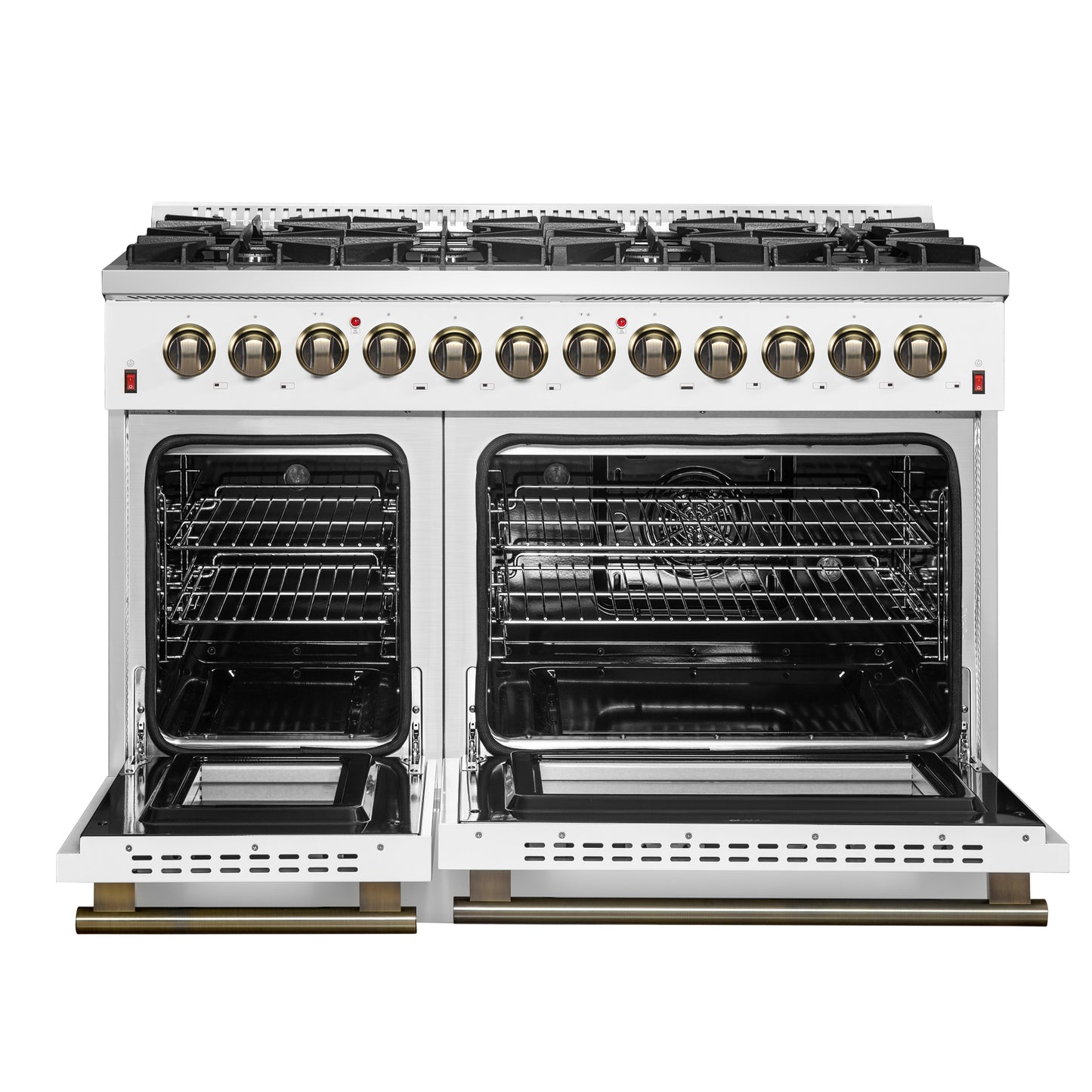 Galiano 48-inch Dual Fuel Range White & Antique Brass Design with 8 Sealed Burners 107,000 BTU, 6.58 cu. ft. double ovens & Griddle