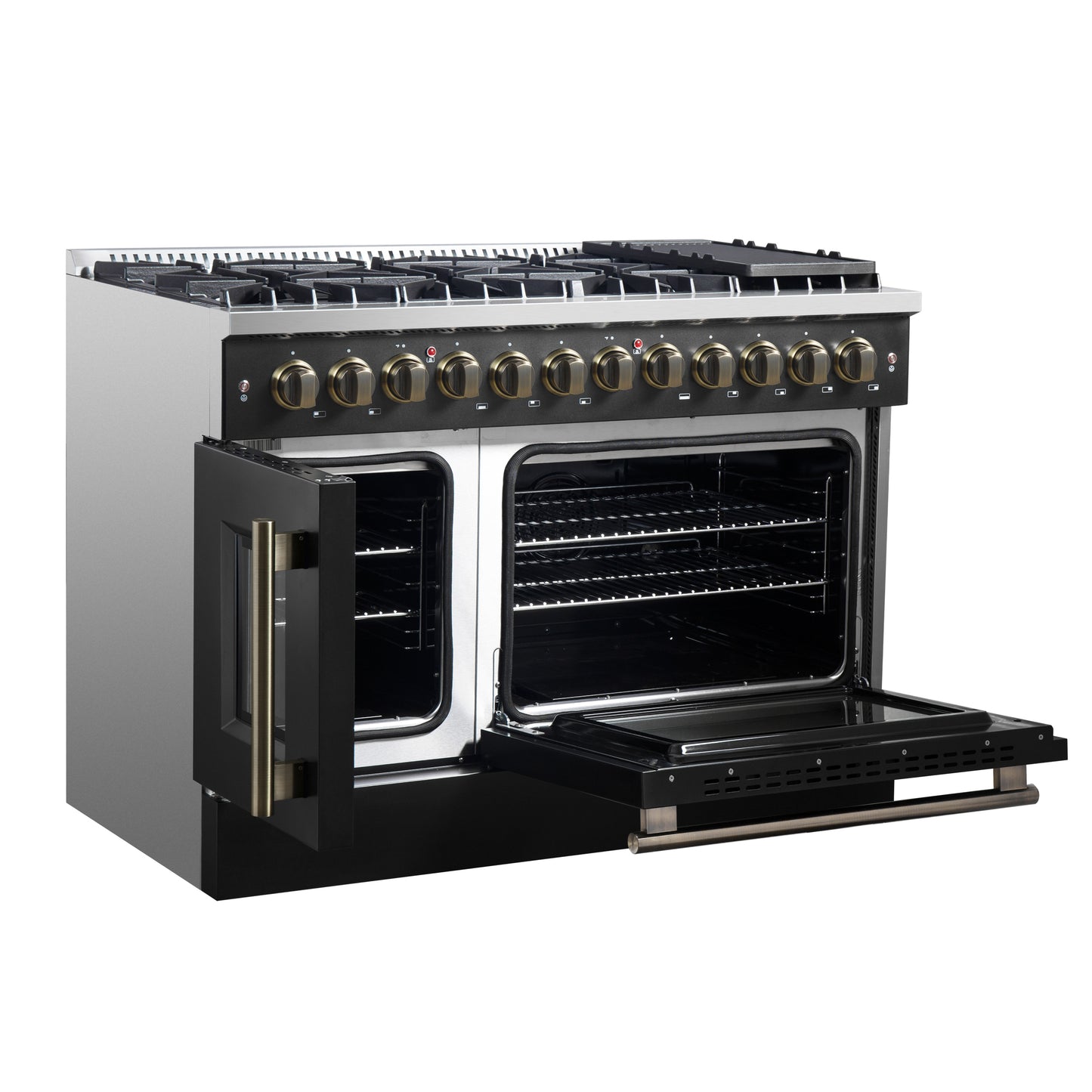 Forno Galiano 48-inch French Door Dual Fuel Range, Black & Antique Brass Design, 8 Sealed Burners - 107,000 BTU, Griddle, 6.58 cu.ft. Double Ovens