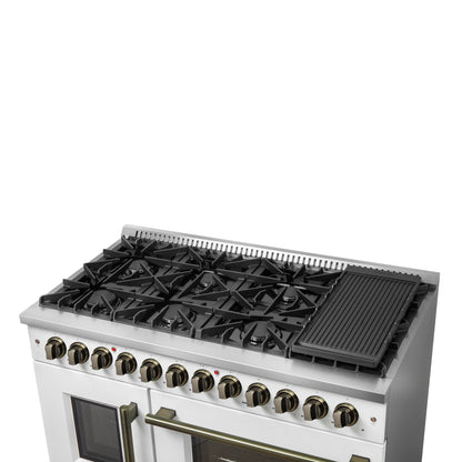 Forno Galiano 48-inch French Door Dual Fuel Range, White & Antique Brass Design, 8 Sealed Burners - 107,000 BTU, Griddle, 6.58 cu.ft. Double Ovens