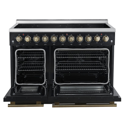 Forno Paolo 48 Inch Freestanding Electric Range in Black with Antique Brass, 6.7 cu.ft, True Convection Oven, Energy Efficient