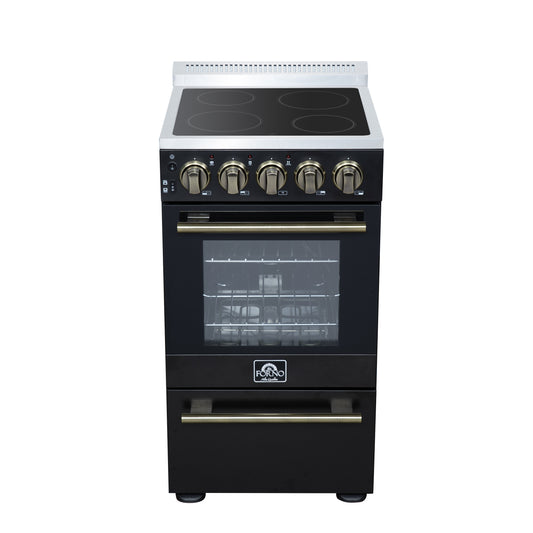 Forno Pallerano 20 Inch Freestanding Electric Range in Black with Antique Brass, Compact Design
