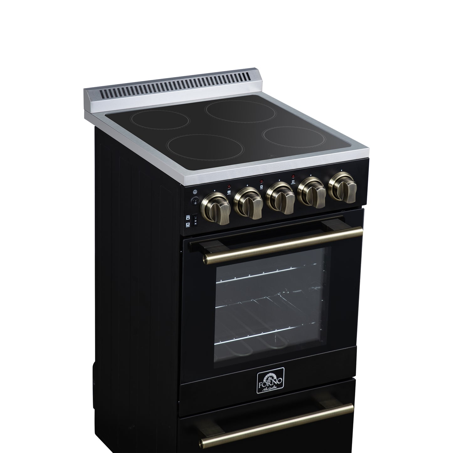 Forno Pallerano 20 Inch Freestanding Electric Range in Black with Antique Brass, Compact Design