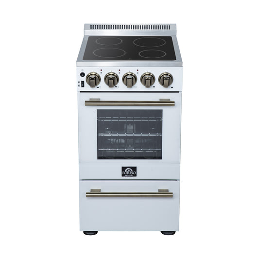 Forno Pallerano 20 Inch Freestanding Electric Range in White with Antique Brass, Compact Design