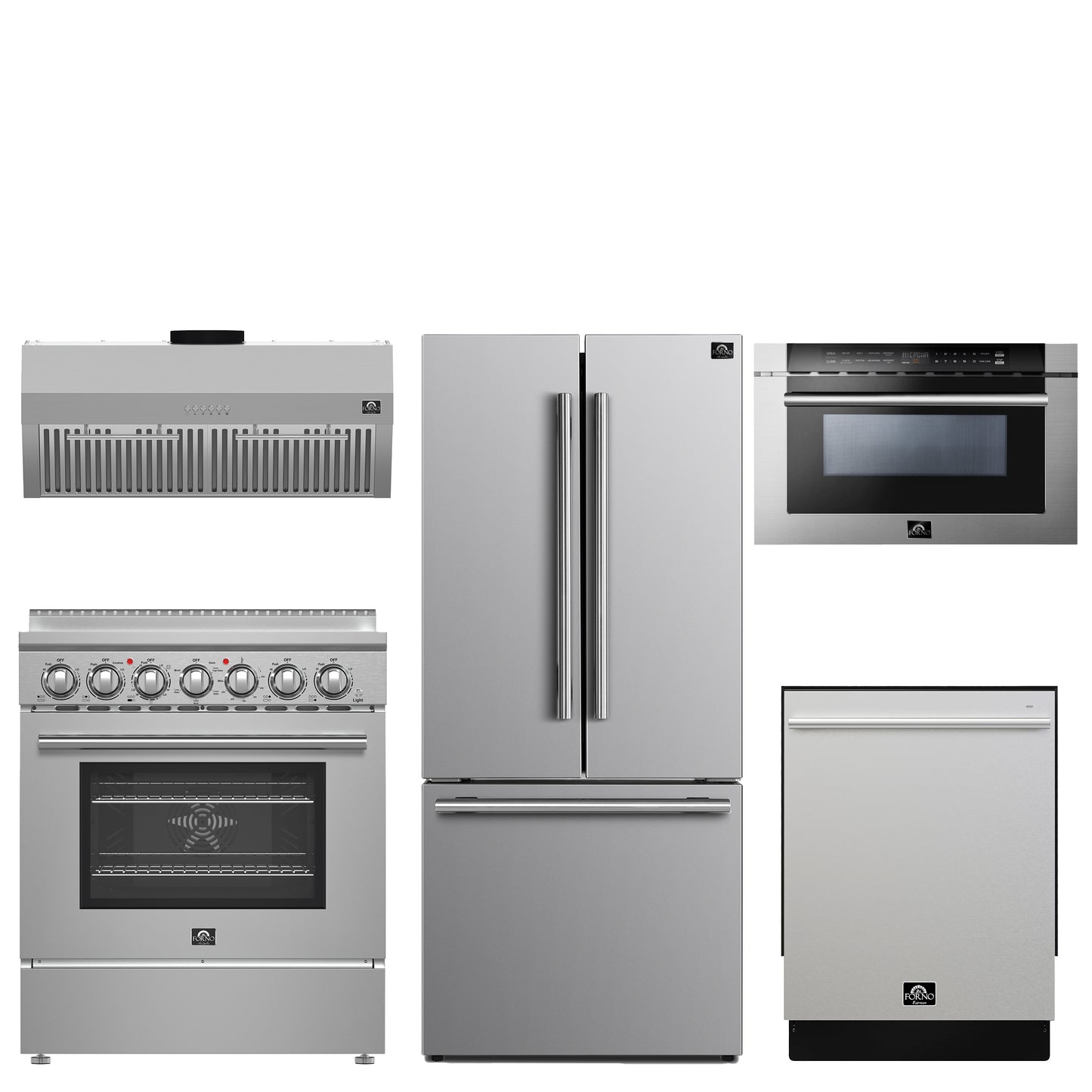 FORNO 5-Piece Stainless Steel Kitchen Bundle – Home Depot Exclusive – 30” Electric Range, 30” French Door Refrigerator, 30” Range Hood, 24” Microwave Drawer, 24” Built-In Dishwasher | SKU: FBDL-THD-003