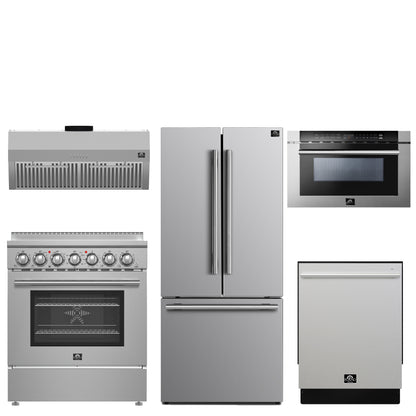 FORNO 5-Piece Stainless Steel Kitchen Bundle – Home Depot Exclusive – 30” Electric Range, 30” French Door Refrigerator, 30” Range Hood, 24” Microwave Drawer, 24” Built-In Dishwasher | SKU: FBDL-THD-003