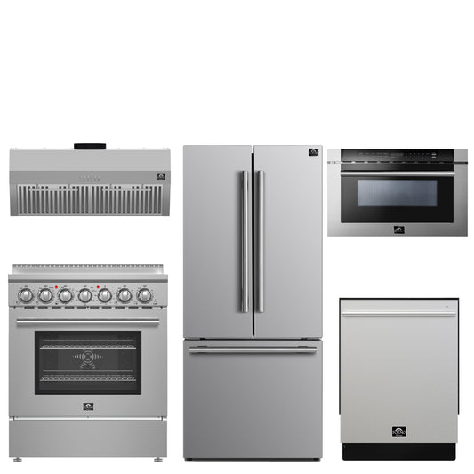 FORNO 5-Piece Stainless Steel Kitchen Bundle – Home Depot Exclusive – 30” Electric Range, 30” French Door Refrigerator, 30” Range Hood, 24” Microwave Drawer, 24” Built-In Dishwasher | SKU: FBDL-THD-003