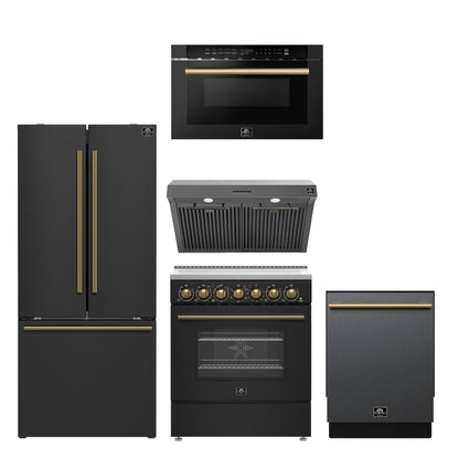 FORNO 5-Piece Black Stainless Steel Kitchen Bundle – Home Depot Exclusive – 30” Electric Range, 30” French Door Refrigerator, 30” Range Hood, 24” Microwave Drawer, 24” Built-In Dishwasher | SKU: FBDL-THD-003BLK