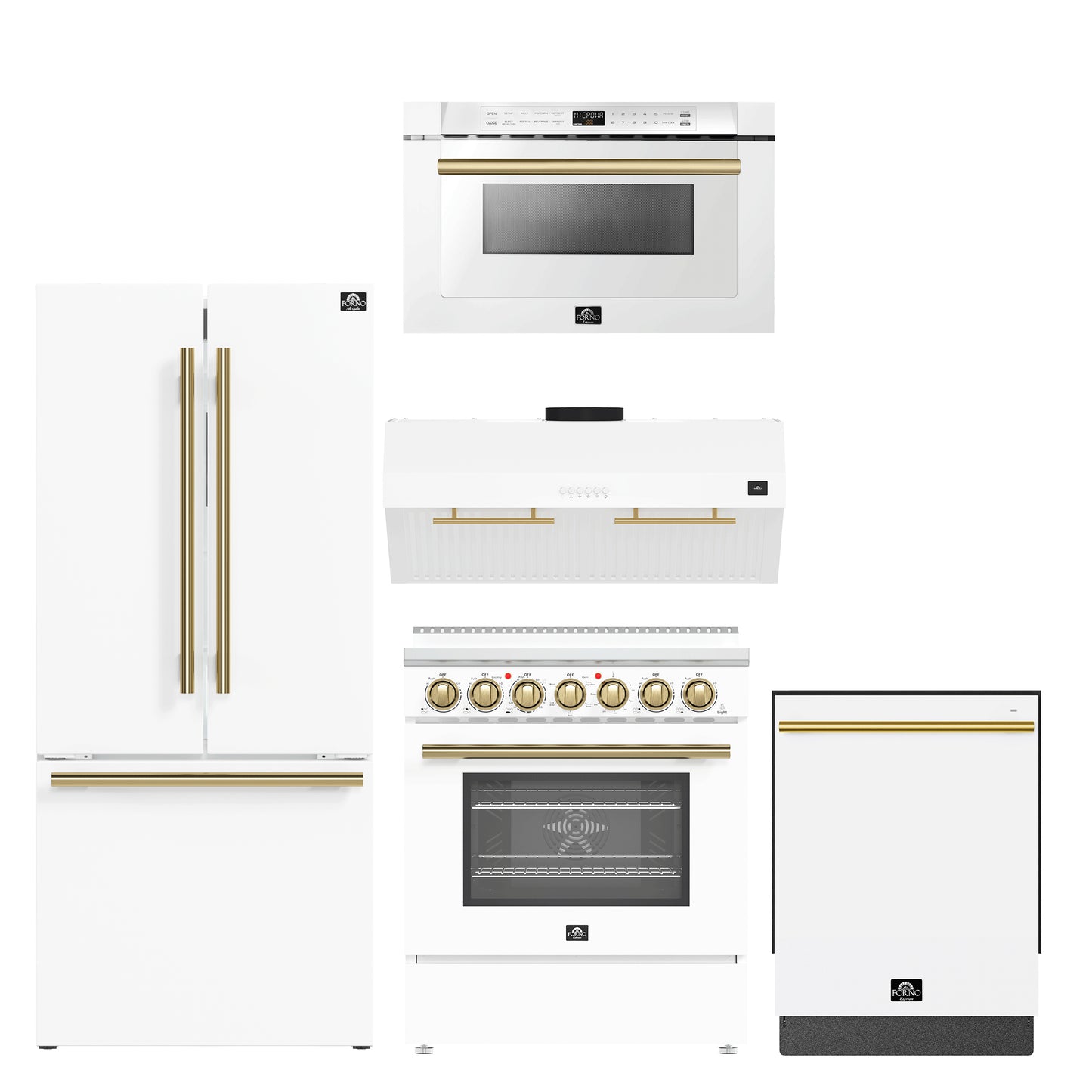 FORNO 5-Piece White Stainless Steel Kitchen Bundle – Home Depot Exclusive – 30” Electric Range, 30” French Door Refrigerator, 30” Range Hood, 24” Microwave Drawer, 24” Built-In Dishwasher | SKU: FBDL-THD-003WHT