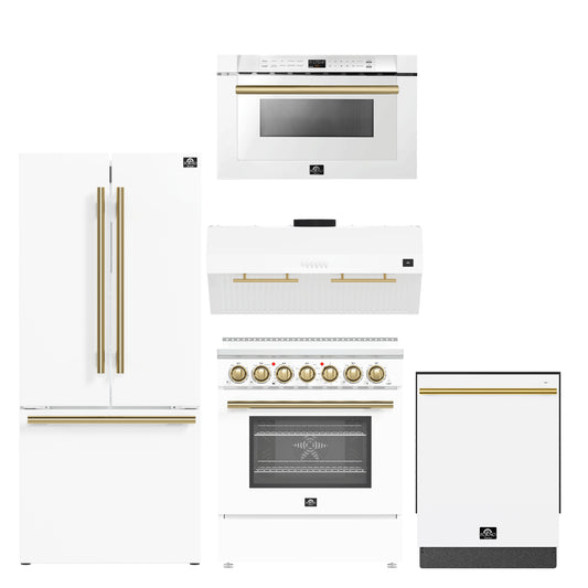 FORNO 5-Piece White Stainless Steel Kitchen Bundle – Home Depot Exclusive – 30” Electric Range, 30” French Door Refrigerator, 30” Range Hood, 24” Microwave Drawer, 24” Built-In Dishwasher | SKU: FBDL-THD-003WHT