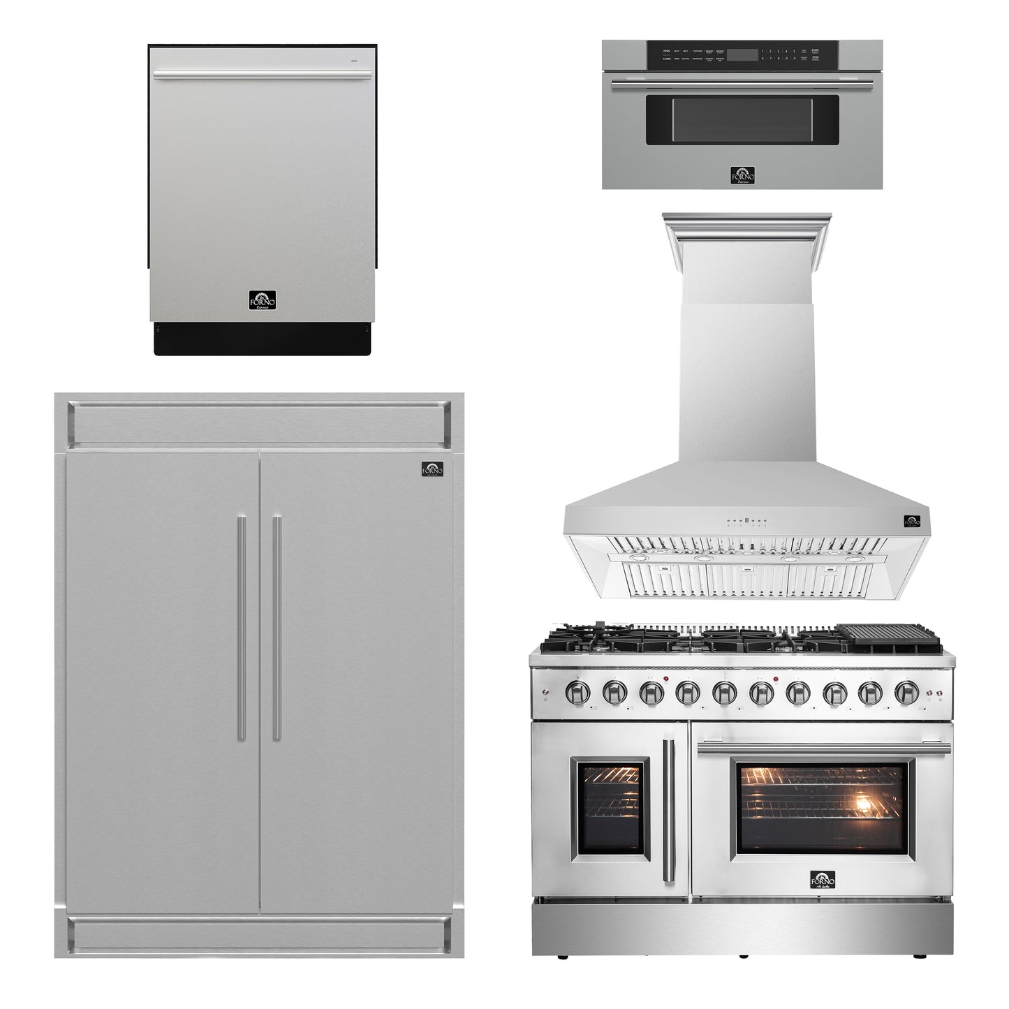 FORNO 5-Piece Stainless Steel Kitchen Bundle – Home Depot Exclusive – 48” French Door Gas Range, 48” Wall Mount Range Hood, 30” Microwave Drawer, 24” Built-In Dishwasher, 2×28” Convertible Refrigerator Freezer with Decorative Trim | SKU: FBDL-THD-004