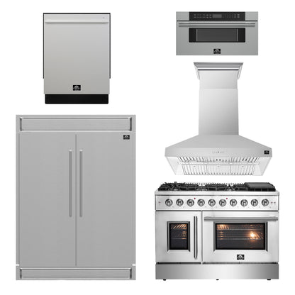 FORNO 5-Piece Stainless Steel Kitchen Bundle – Home Depot Exclusive – 48” French Door Gas Range, 48” Wall Mount Range Hood, 30” Microwave Drawer, 24” Built-In Dishwasher, 2×28” Convertible Refrigerator Freezer with Decorative Trim | SKU: FBDL-THD-004
