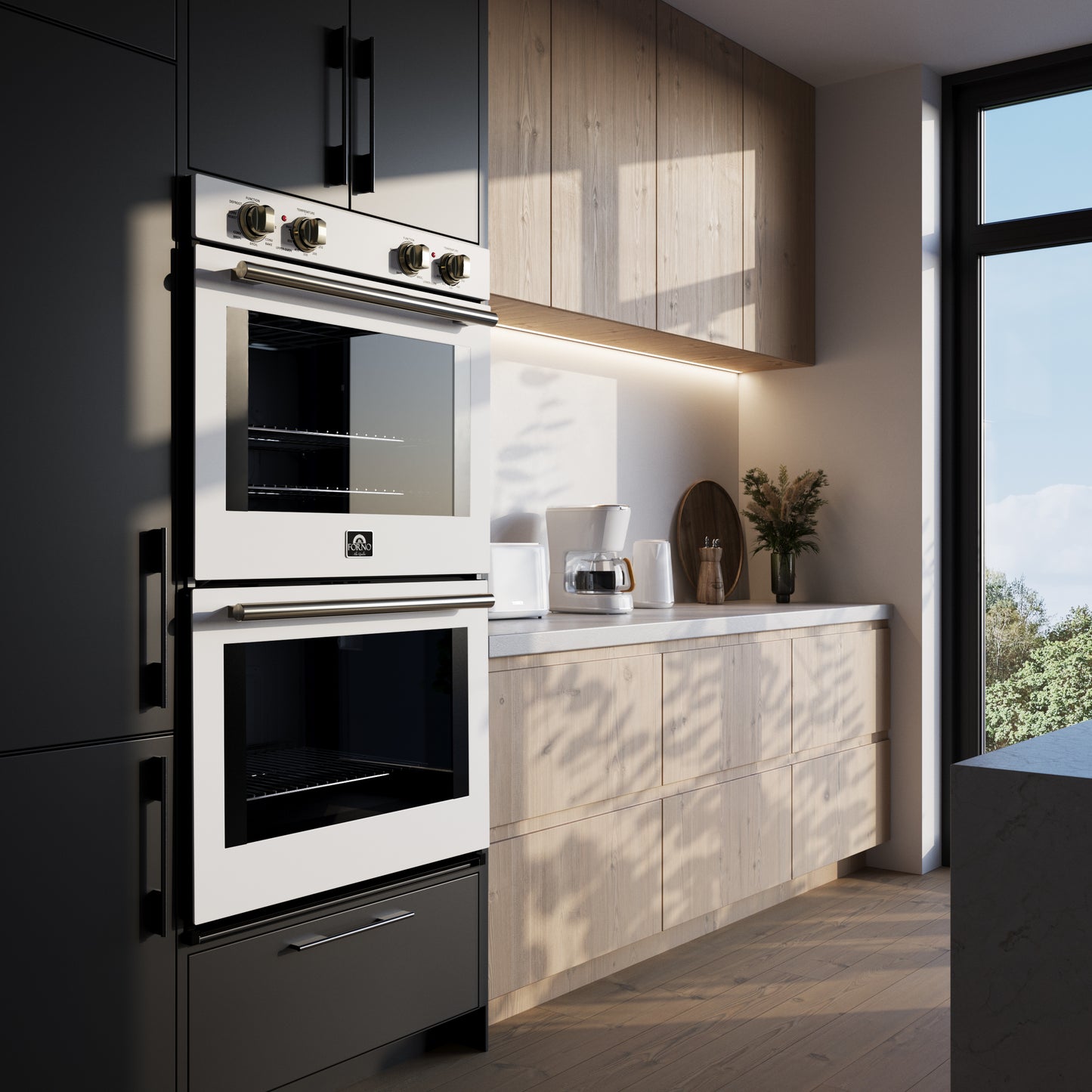 Forno Vomero 30-Inch Double Wall Oven, White, 10 cu.ft Total Capacity, 7100W Convection, Mechanical Controls, Manuel Steam Clean