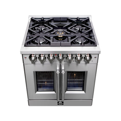 Forno Massimo 30-Inch Freestanding French Door Dual Fuel Range, 4 Burners, True Convection Oven