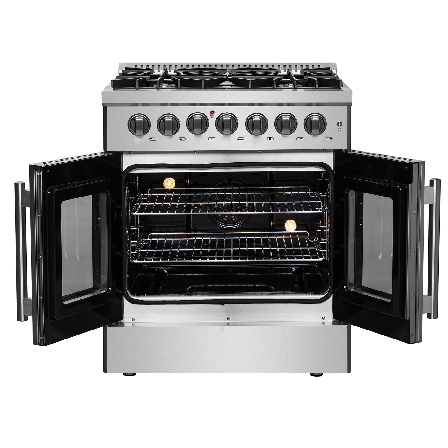 Forno Galiano 30-inch French Door Dual Fuel Range All Stainless Steel, 5 Sealed Burners 68,000 BTU, 4.32 cu.ft. True Convection Oven
