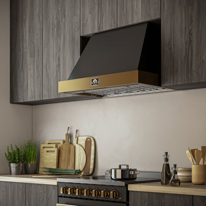 Forno Vittorio 36-Inch Wall Mount Range Hood, Black with Antique Brass Trim, 600 CFM Airflow, Dishwasher-Safe Baffle Filters, Remote Control, 3-Speed Fan, Bright LED Lighting.