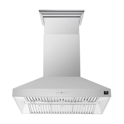 FORNO 5-Piece Stainless Steel Kitchen Bundle – Home Depot Exclusive – 48” French Door Gas Range, 48” Wall Mount Range Hood, 30” Microwave Drawer, 24” Built-In Dishwasher, 2×28” Convertible Refrigerator Freezer with Decorative Trim | SKU: FBDL-THD-004