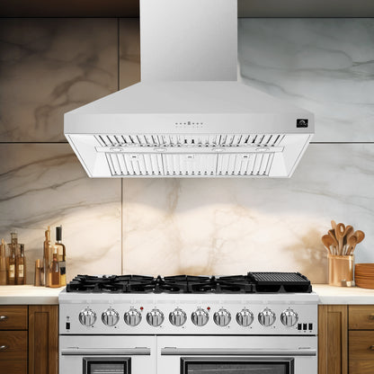FORNO 5-Piece Stainless Steel Kitchen Bundle – Home Depot Exclusive – 48” French Door Gas Range, 48” Wall Mount Range Hood, 30” Microwave Drawer, 24” Built-In Dishwasher, 2×28” Convertible Refrigerator Freezer with Decorative Trim | SKU: FBDL-THD-004