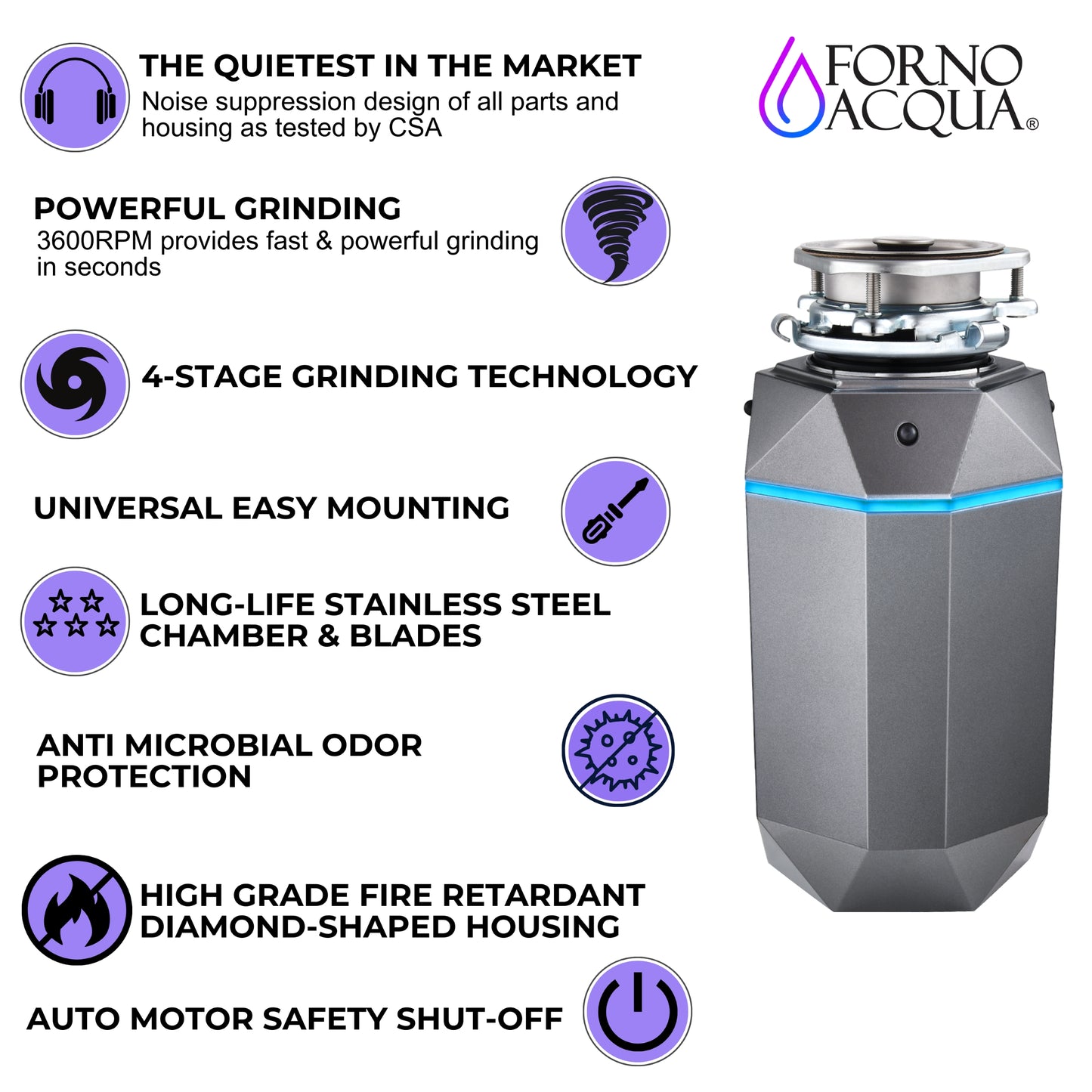 FORNO ACQUA BrightDIAMOND Black Onyx 1HP Super Quiet Garbage Disposal Corded with Motion Sensor Cabinet Light & Pre-Wired Air Switch