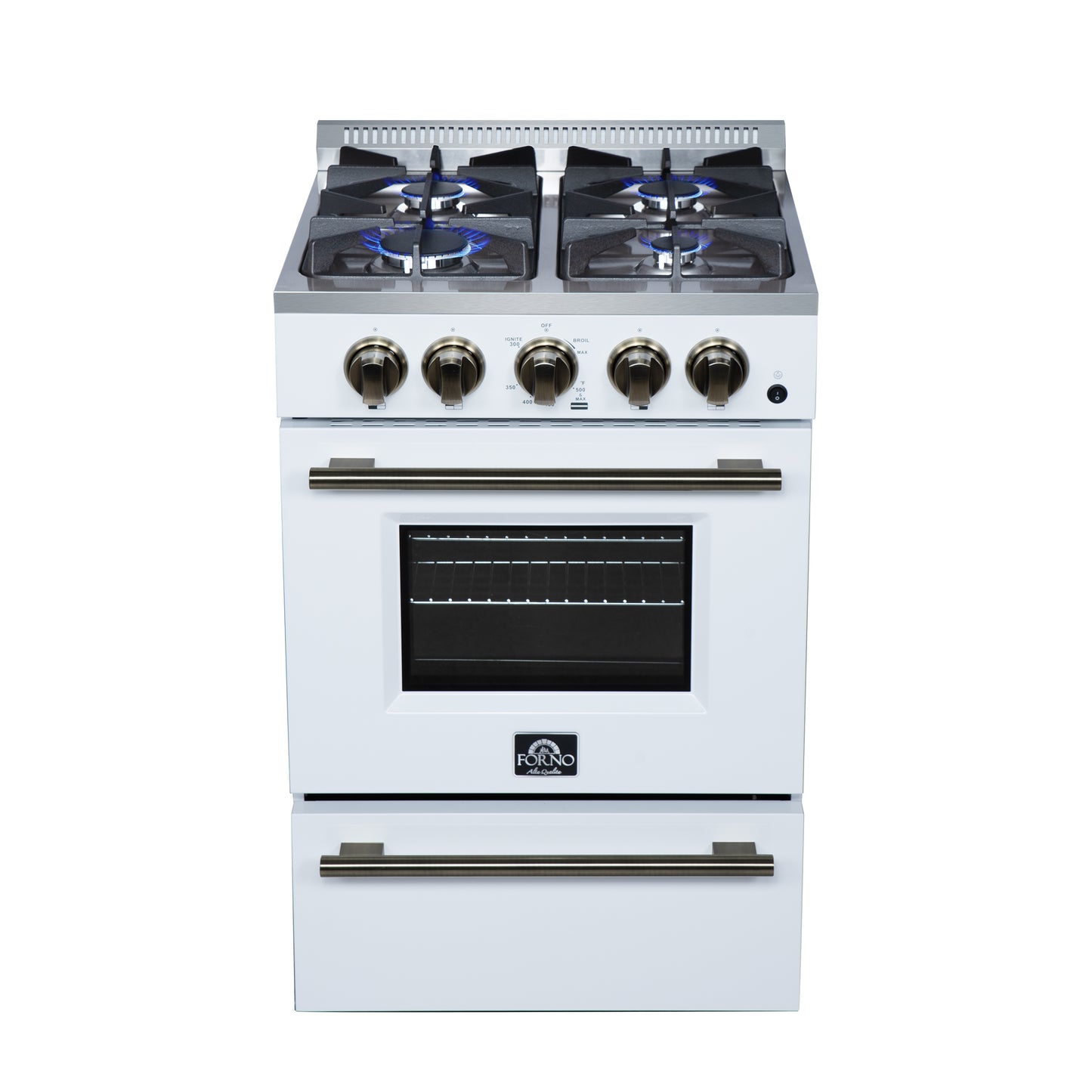 Forno Breno 24 Inch Freestanding Gas Range in White with Antique Brass, Compact Design