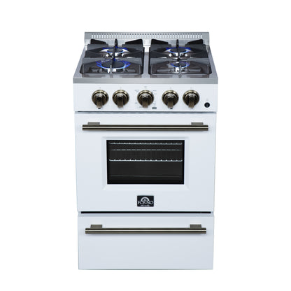 Forno Breno 24 Inch Freestanding Gas Range in White with Antique Brass, Compact Design