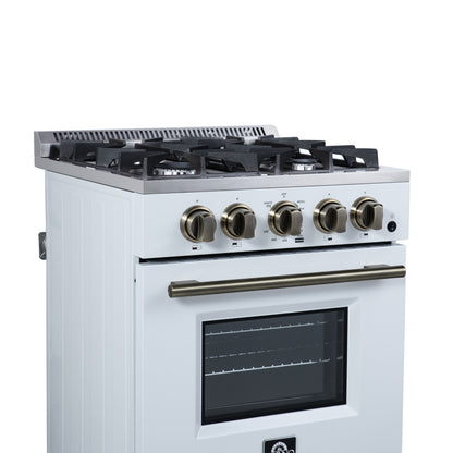 Forno Breno 24 Inch Freestanding Gas Range in White with Antique Brass, Compact Design