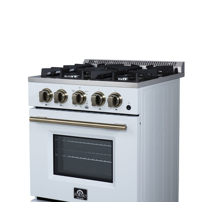 Forno Breno 24 Inch Freestanding Gas Range in White with Antique Brass, Compact Design