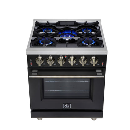 Forno Massimo 30-Inch Black Freestanding Gas Range, 4 Burners, True Convection Oven