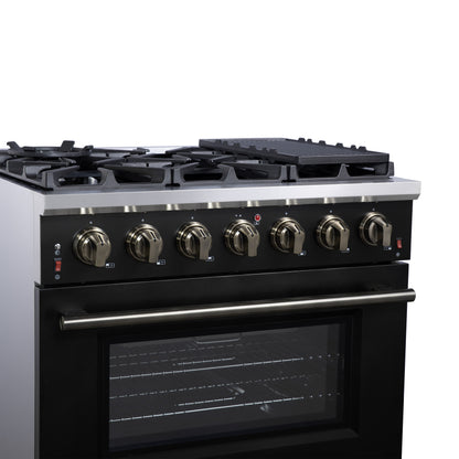Forno Massimo 36-Inch Black Freestanding Gas Range, 6 Sealed Burners, Convection Oven, Energy Efficient