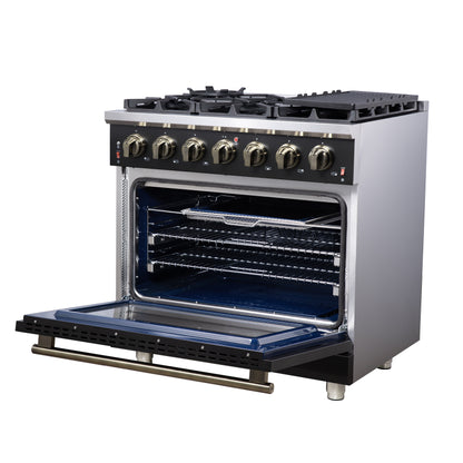 Forno Massimo 36-Inch Black Freestanding Gas Range, 6 Sealed Burners, Convection Oven, Energy Efficient