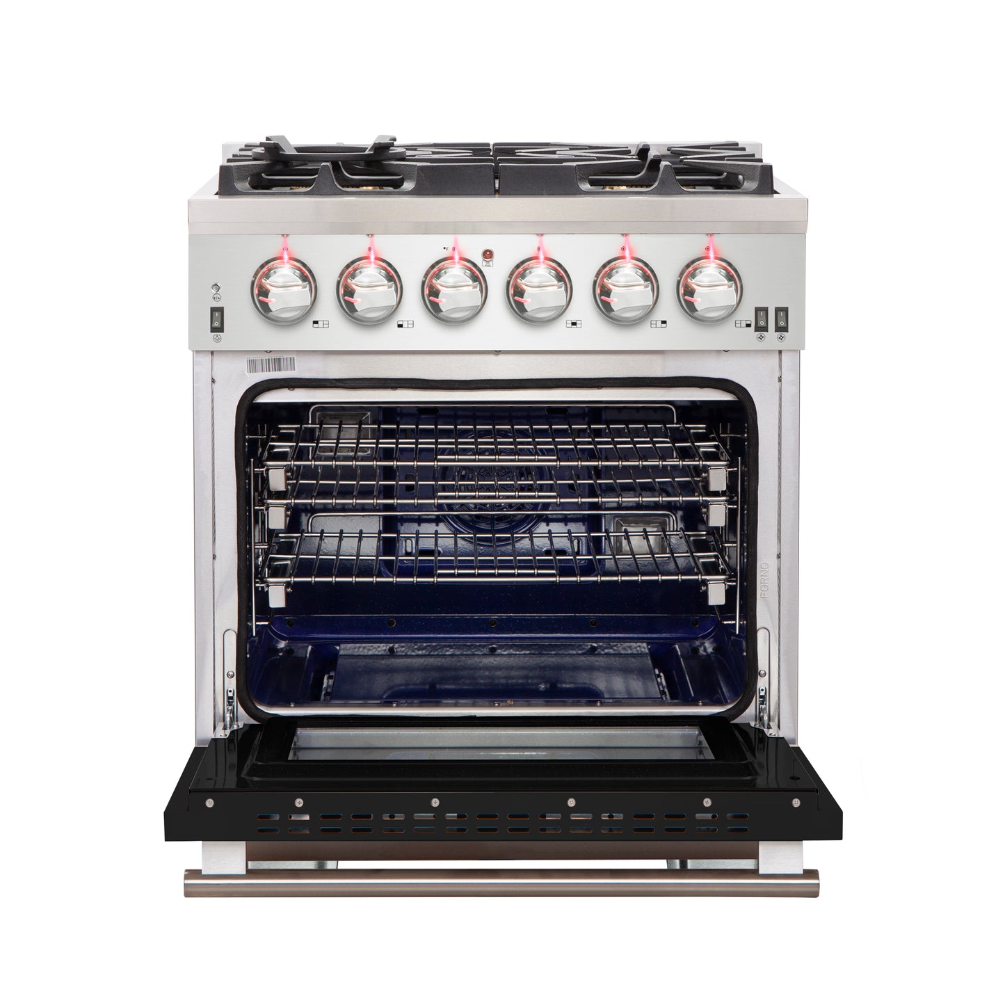 Forno Capriasca 30-Inch Freestanding Gas Range, 4 Burners, True Convection Oven, Black Door