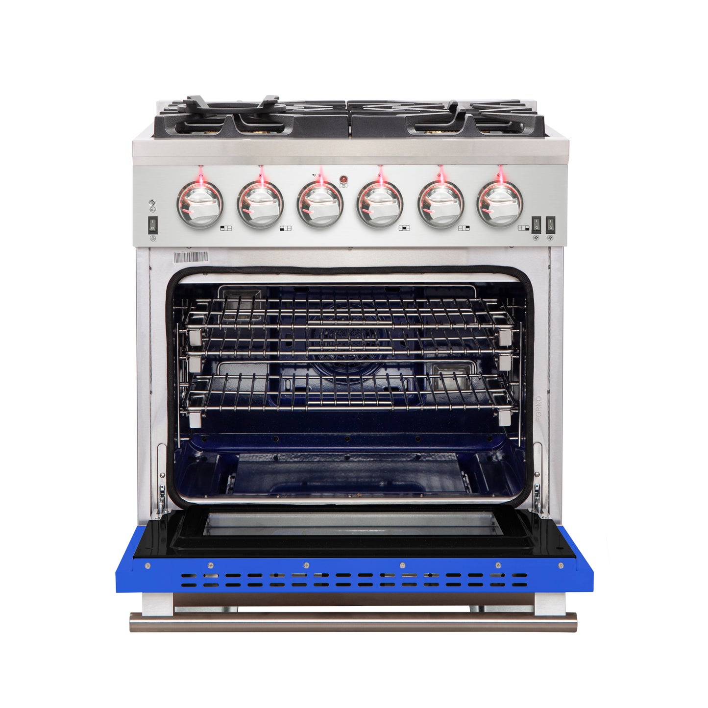Forno Capriasca 30-Inch Freestanding Gas Range, 4 Burners, True Convection Oven, Blue Door