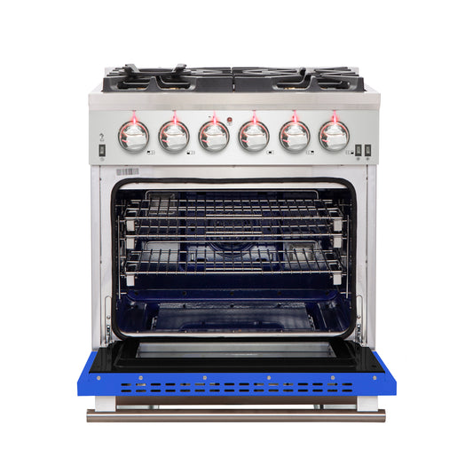 Forno Capriasca 30-Inch Freestanding Gas Range, 4 Burners, True Convection Oven, Blue Door