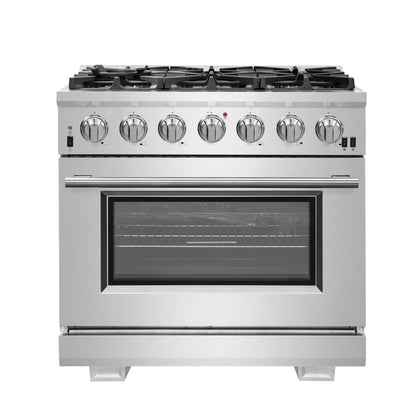 Forno Capriasca 36-Inch Gas Range, Stainless Steel, 6 Brass Burners, 120,000 BTU, Convection Oven, Energy Efficient