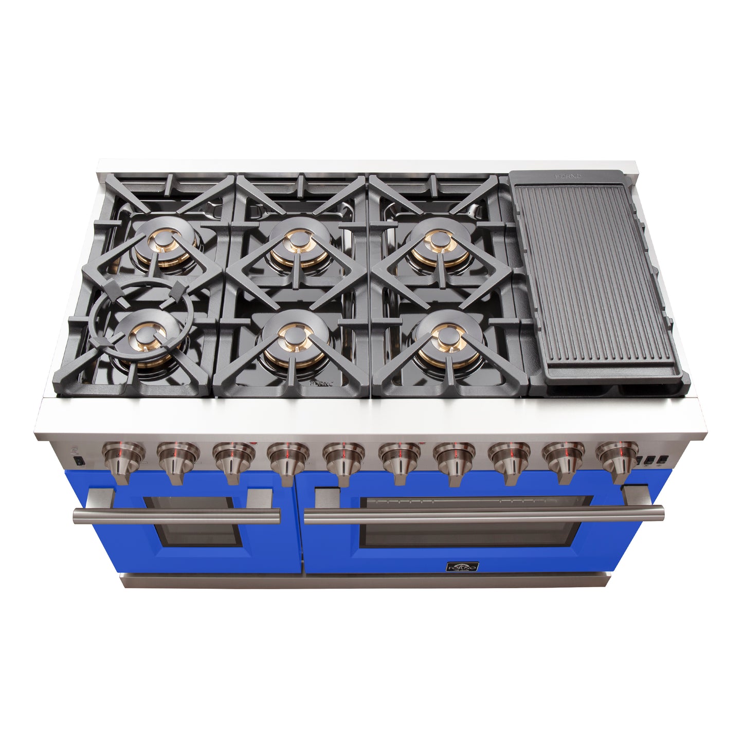 FORNO Capriasca 48-inch Gas Range Stainless Steel, 8 Brass Burners 160,000 BTU, 6.58 cu.ft. Double Oven, Blue Doors