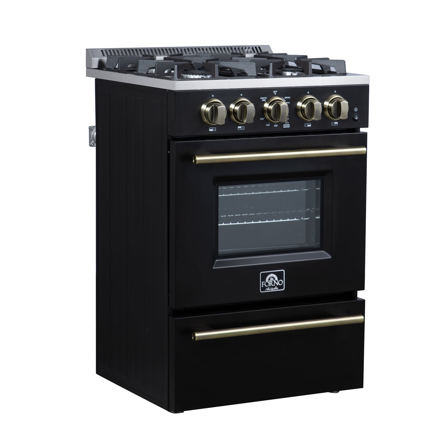 Forno Breno 24 Inch Freestanding Gas Range in Black with Antique Brass, Plug Included, Energy Efficient