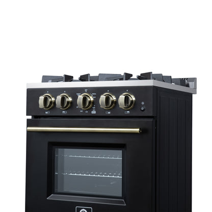 Forno Breno 24 Inch Freestanding Gas Range in Black with Antique Brass, Plug Included, Energy Efficient