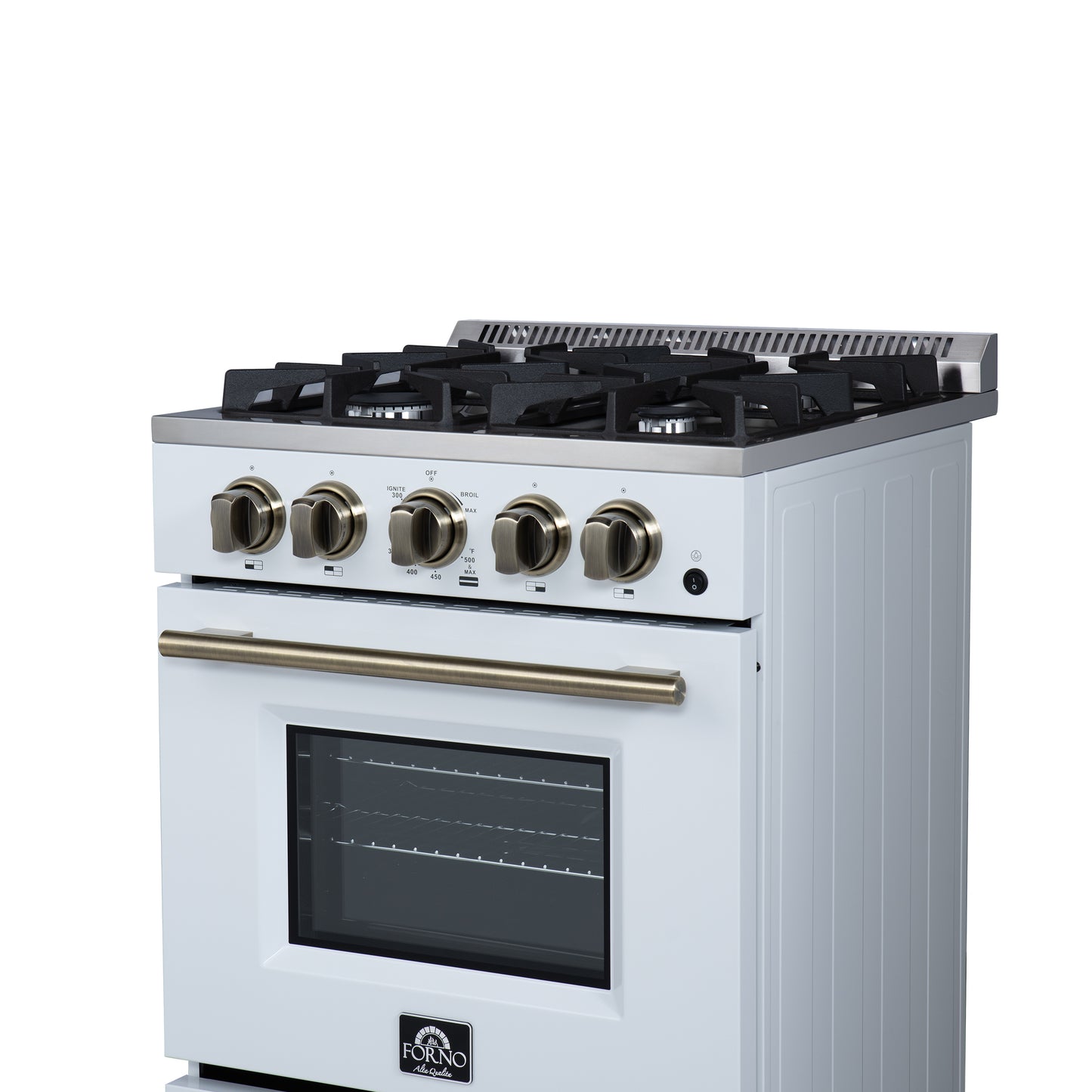 Forno Breno 24 Inch Freestanding Gas Range in White with Antique Brass, Plug Included, Energy Efficient