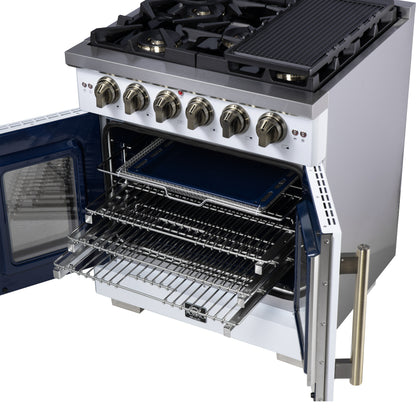 Forno Capriasca 30-Inch White Freestanding French Door Gas Range, 4 Burners, Convection Oven, Energy Efficient