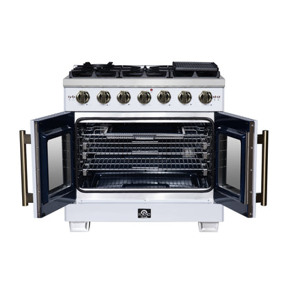 Forno Capriasca 36-Inch White Freestanding French Door Gas Range, 6 Burners, Convection Oven, Energy Efficient