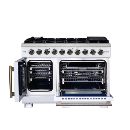 Forno Capriasca 48-Inch White Freestanding French Door Gas Range, 8 Burners, Convection Oven, Energy Efficient