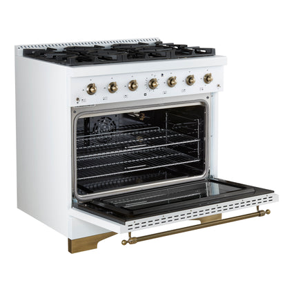 Forno Antico 36-Inch Freestanding Gas Range, White, Antique Brass Design, 6 Burners, Convection Oven, Energy Efficient